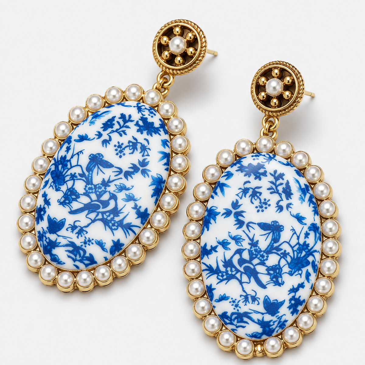 Vintage Blue White Porcelain Pearl Stud Earrings