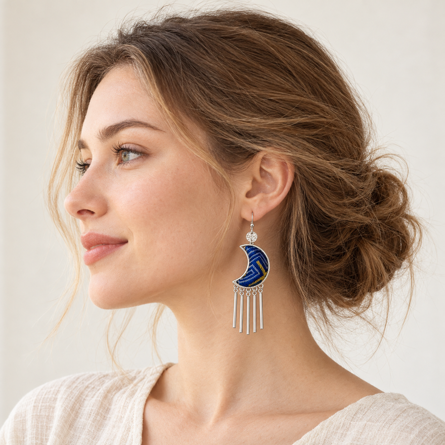 Zhuang Brocade Moon Tassel Earrings