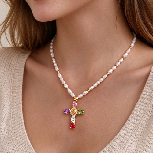Pearl Strand Rainbow Gemstone Cross Necklace
