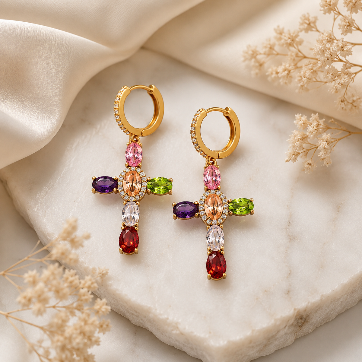 Rainbow CZ Cross Earrings