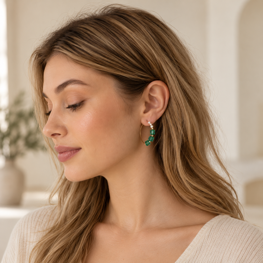 Green Sugar‑Cube Sparkling Natural Pearl Earrings
