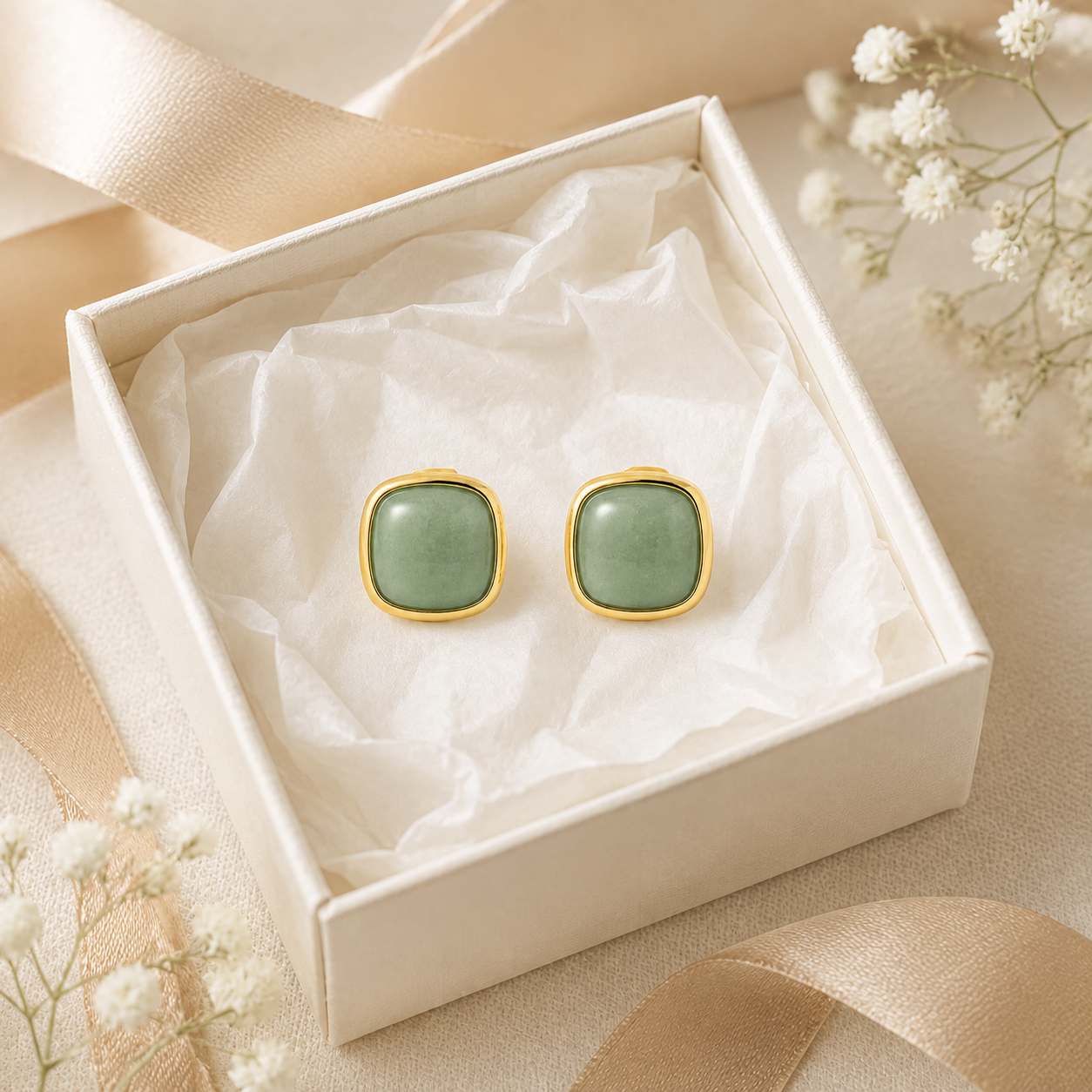 Green Jade Square Stud Earrings