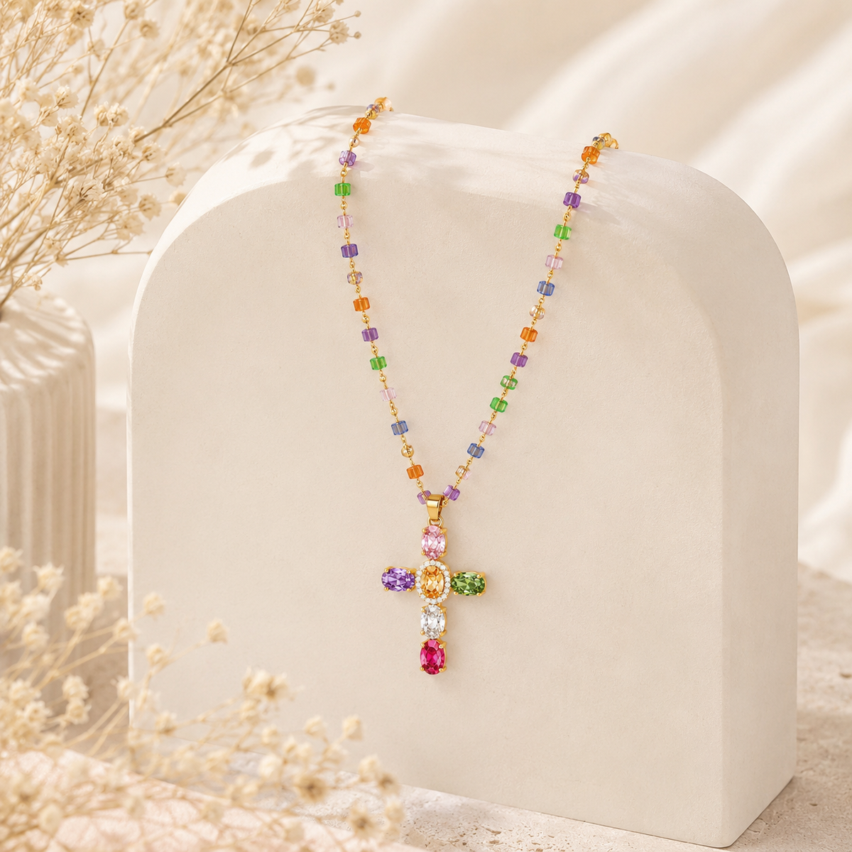 Multicolor Cubic Zirconia Cross Pendant Necklace