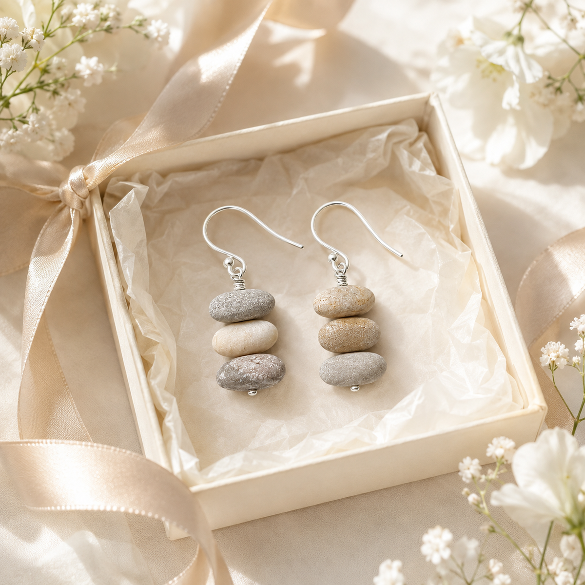 Stacked Beach Stone Drop Earrings