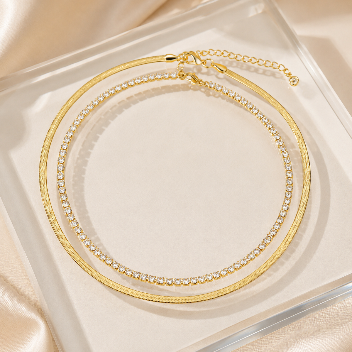 Layered Tennis Herringbone Necklace