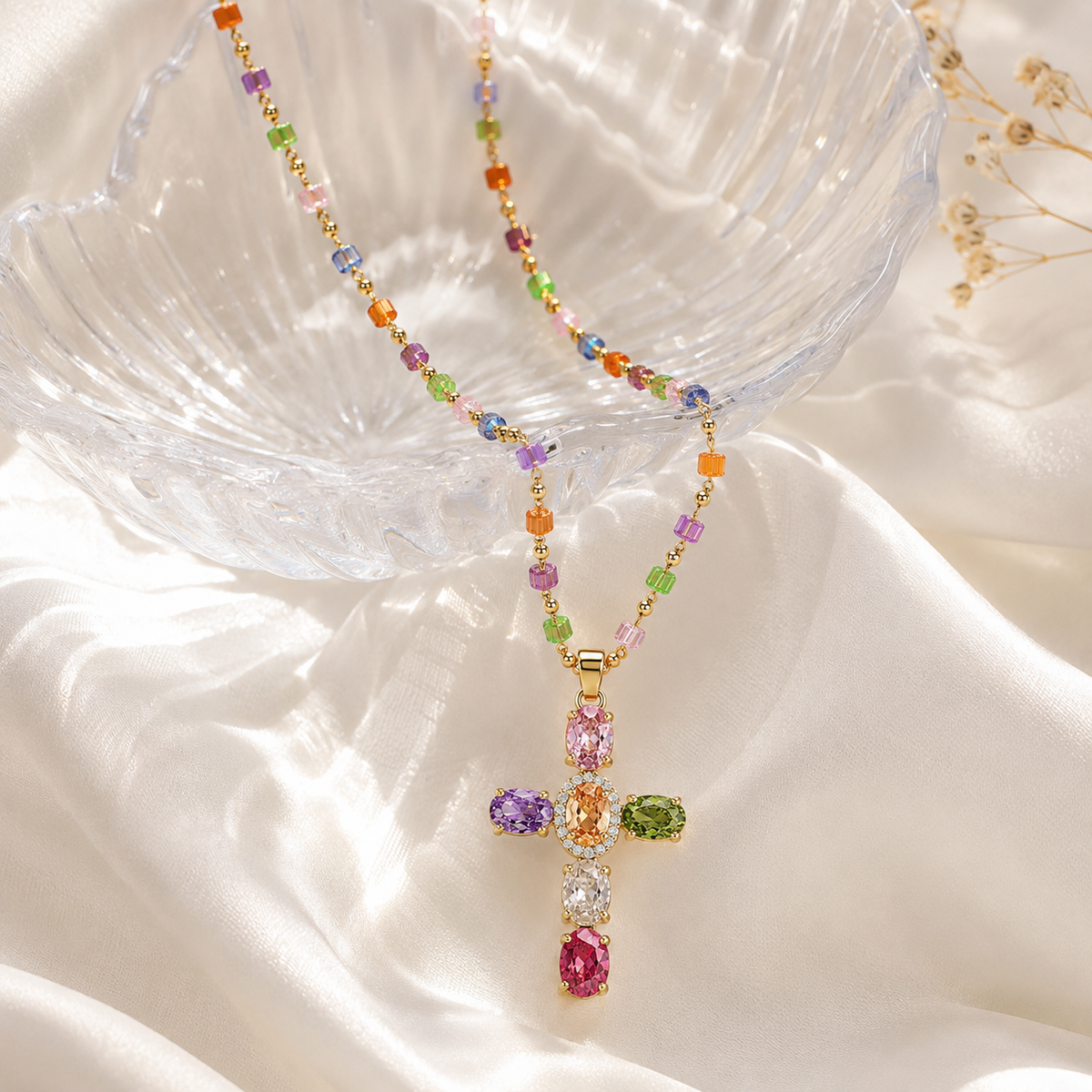 Multicolor Cubic Zirconia Cross Pendant Necklace