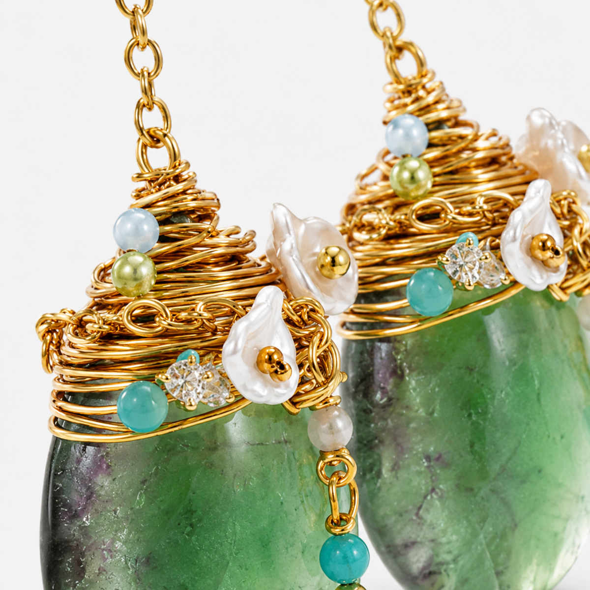 Green Fluorite & Baroque Pearl Earrings