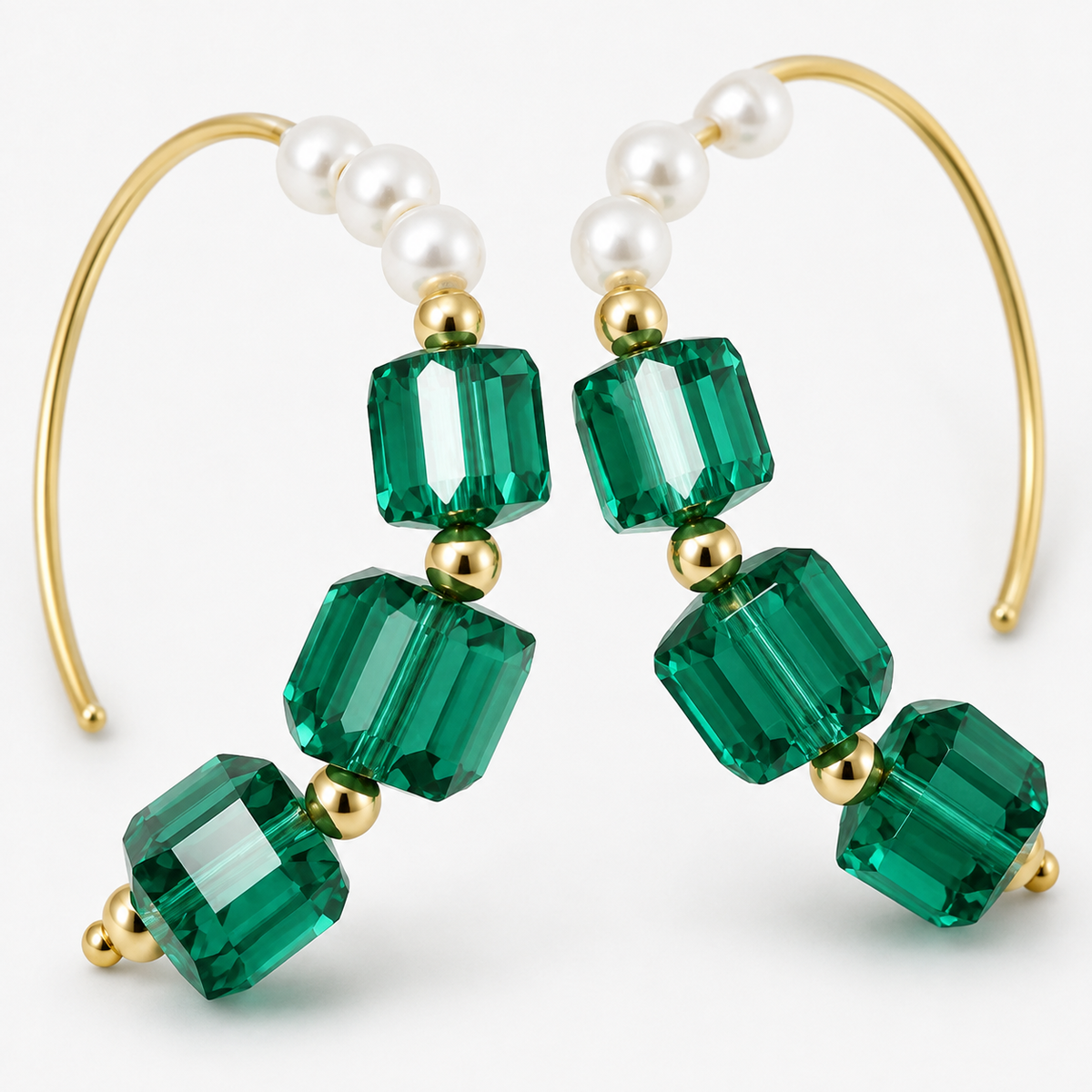 Green Sugar‑Cube Sparkling Natural Pearl Earrings
