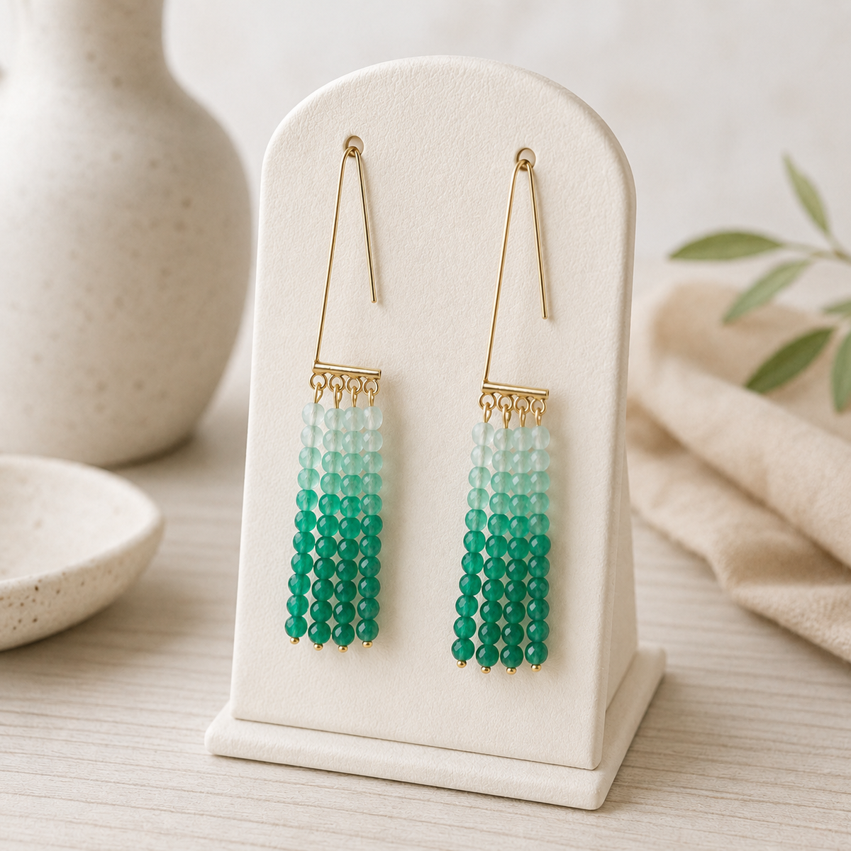 Gradient Green Natural Agate Tassel Earrings