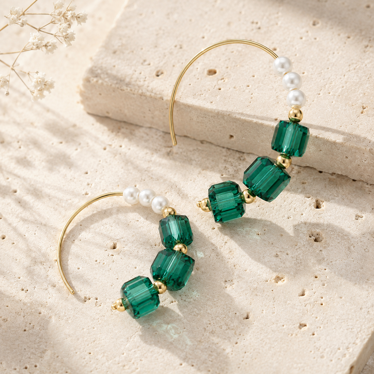 Green Sugar‑Cube Sparkling Natural Pearl Earrings