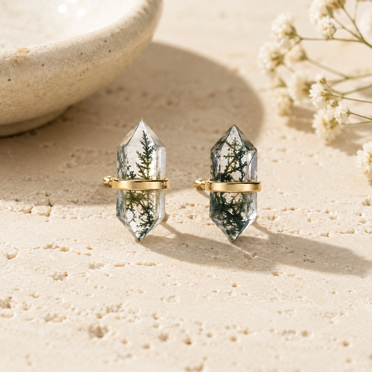 Moss Agate Geometric Stud Earrings