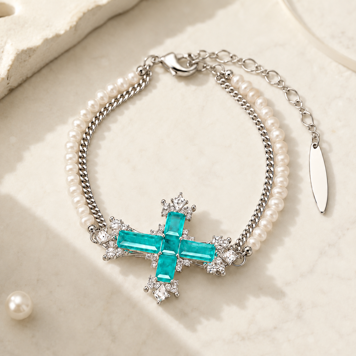 Freshwater Pearl Paraiba Cross Bracelet