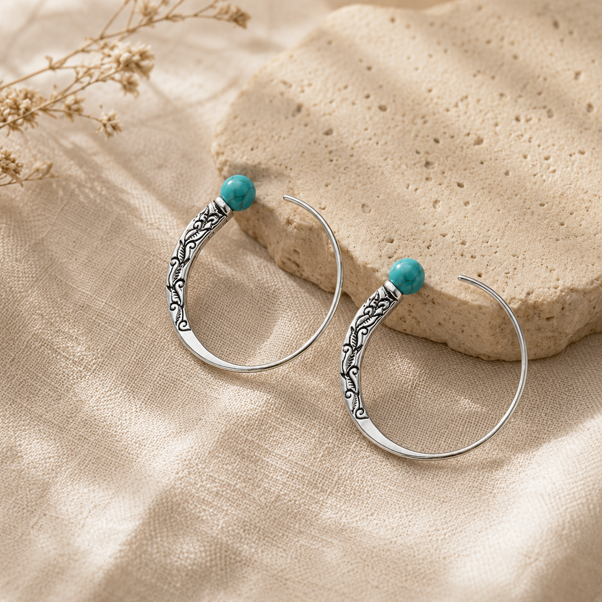 Hand-Carved Turquoise Silver Hoops
