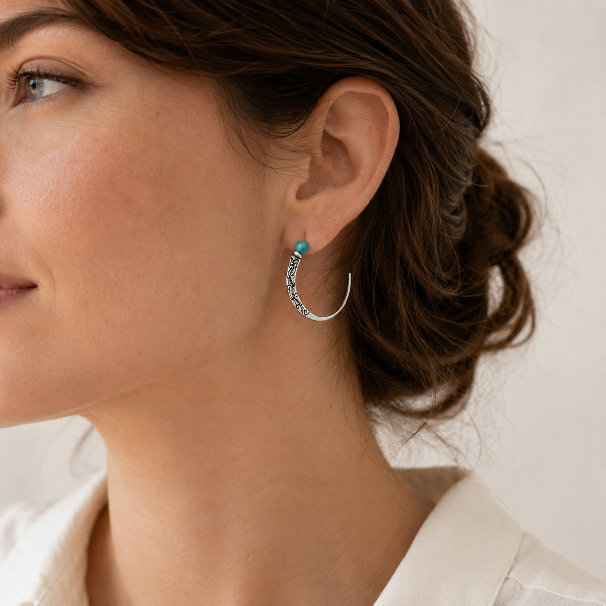 Hand-Carved Turquoise Silver Hoops