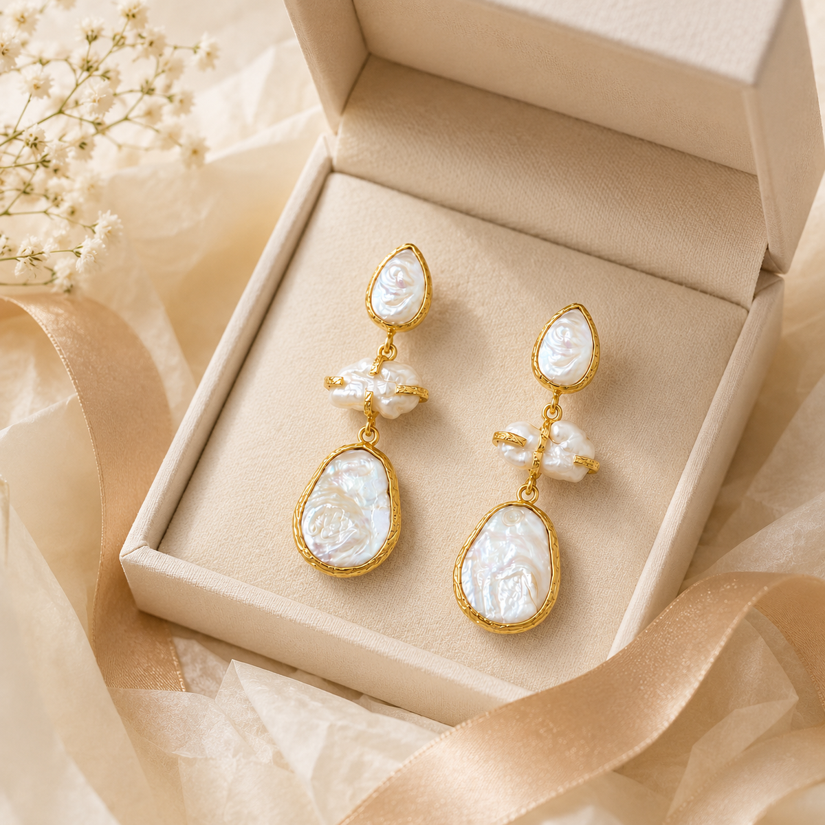 Gold Baroque Freshwater Pearl Earrings