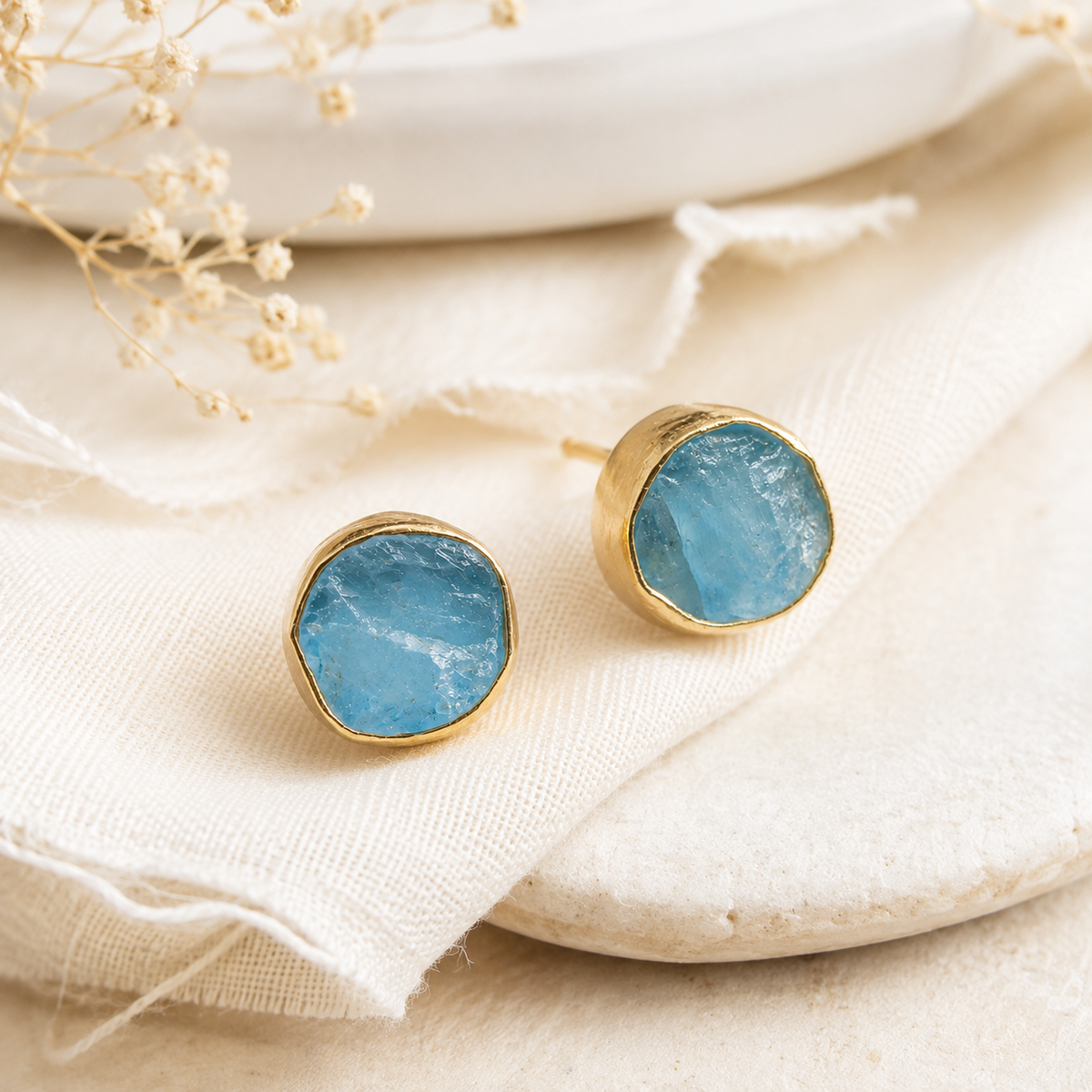 Raw-Cut Aqua Gemstone Stud Earrings
