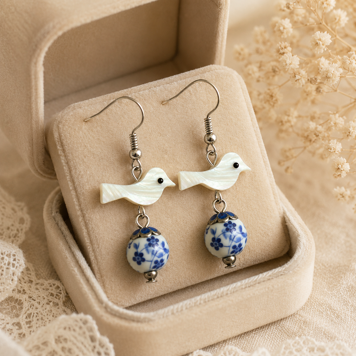 Porcelain Bead Shell Bird Earrings