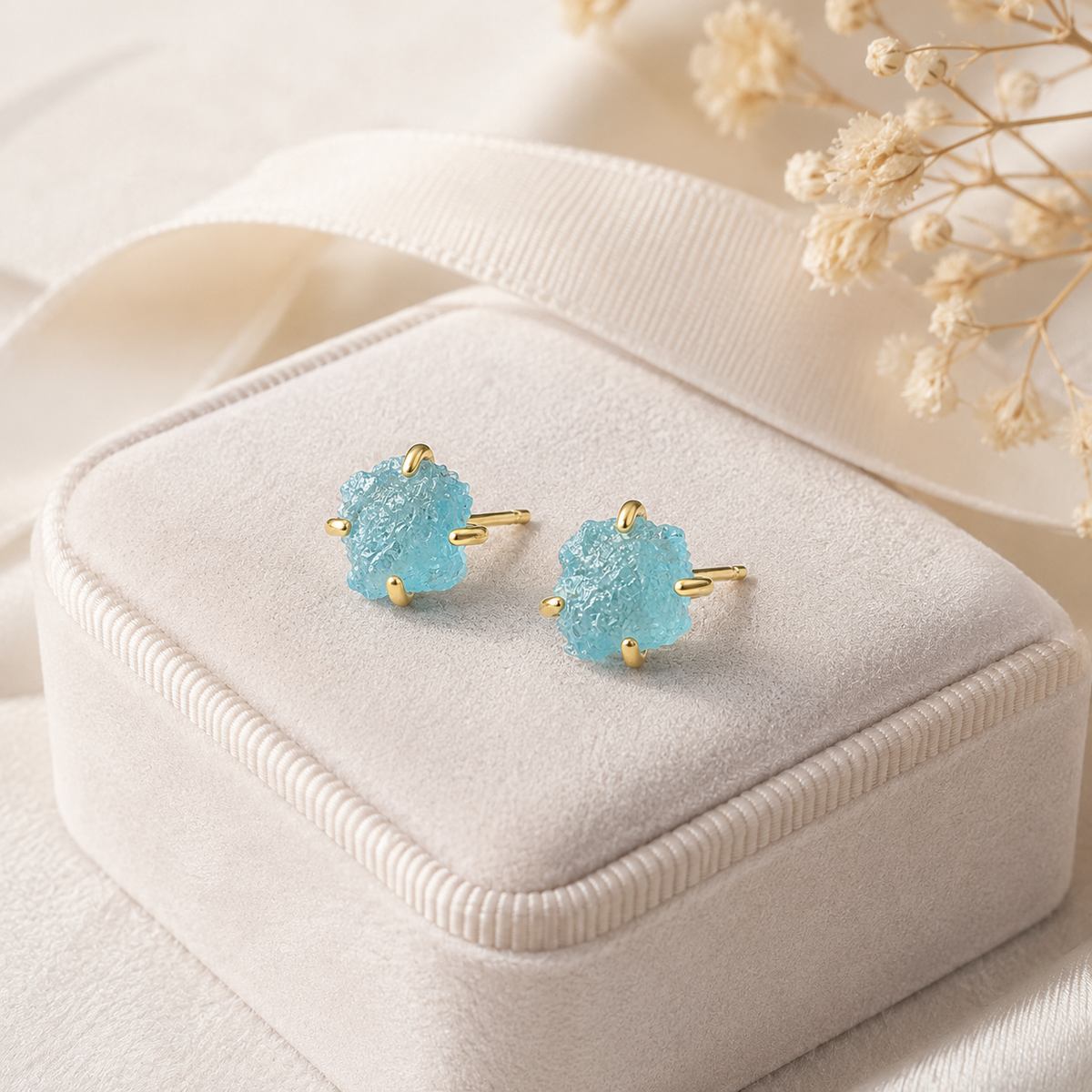 Irregular Natural Raw Aquamarine Crystal Stud Earrings