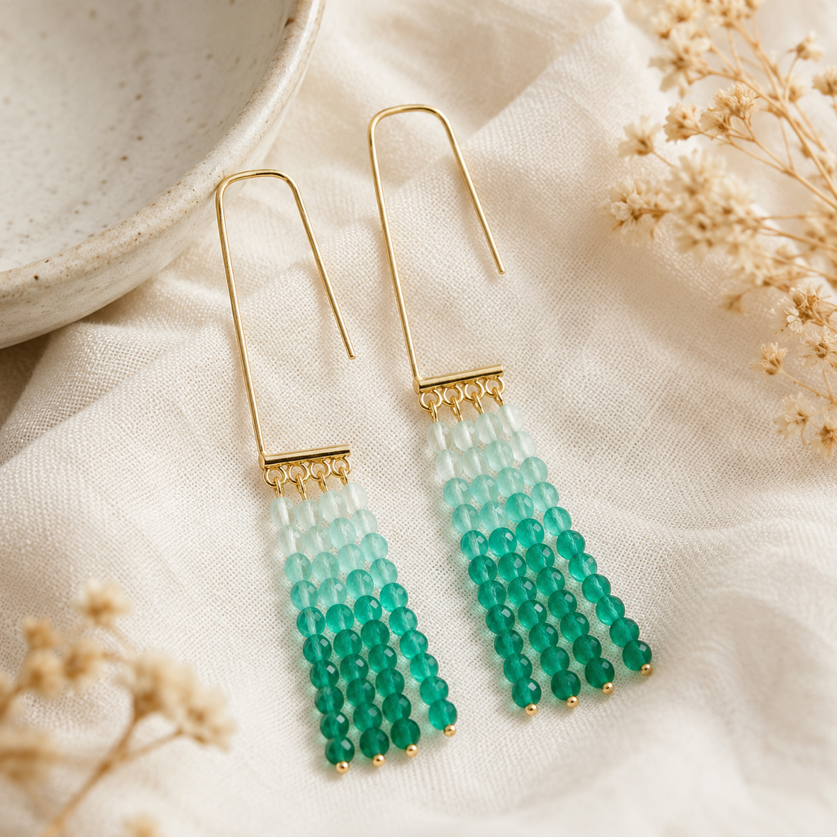 Gradient Green Natural Agate Tassel Earrings