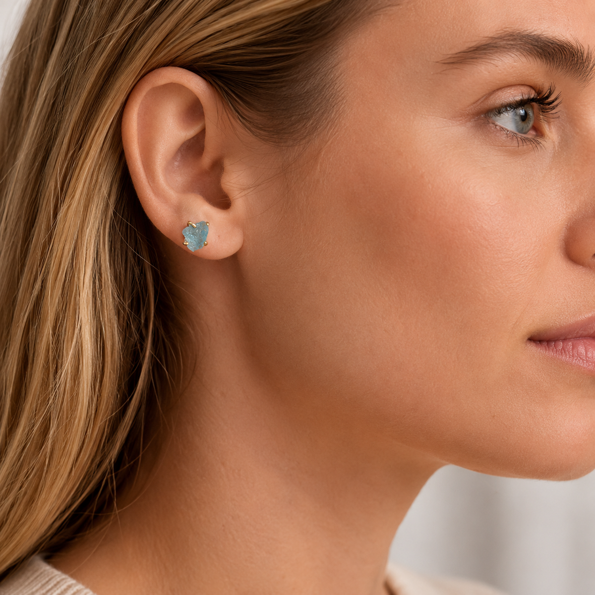Irregular Natural Raw Aquamarine Crystal Stud Earrings