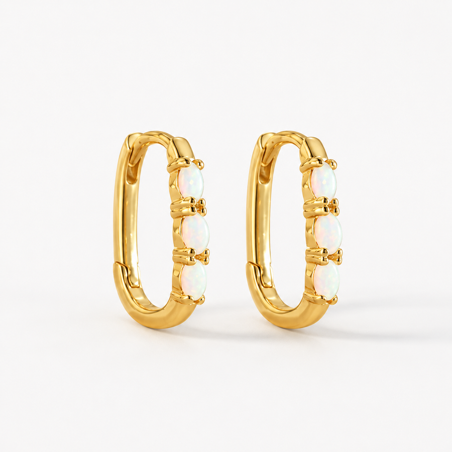 TEWIKY Dainty Opal Huggie Hoop Earrings – Minimalist Three Opal Earrings for Women
