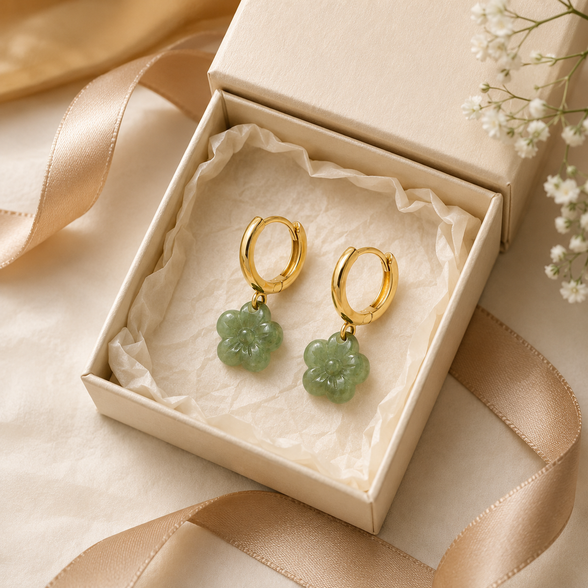 Jade Flower Huggie Hoop Earrings