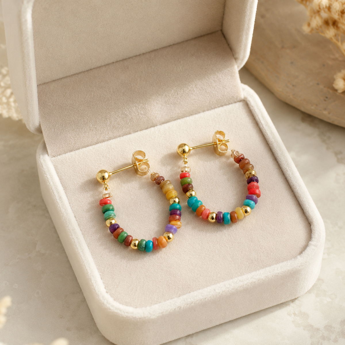 Colorful Beaded Silver Stud Earrings