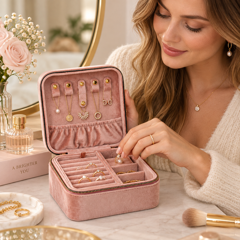 TEWIKY Pink Velvet Jewelry Organizer Box