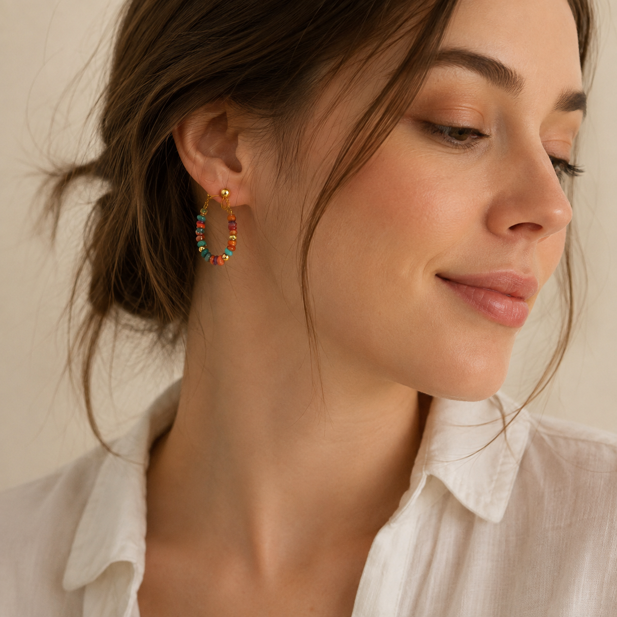 Colorful Beaded Silver Stud Earrings