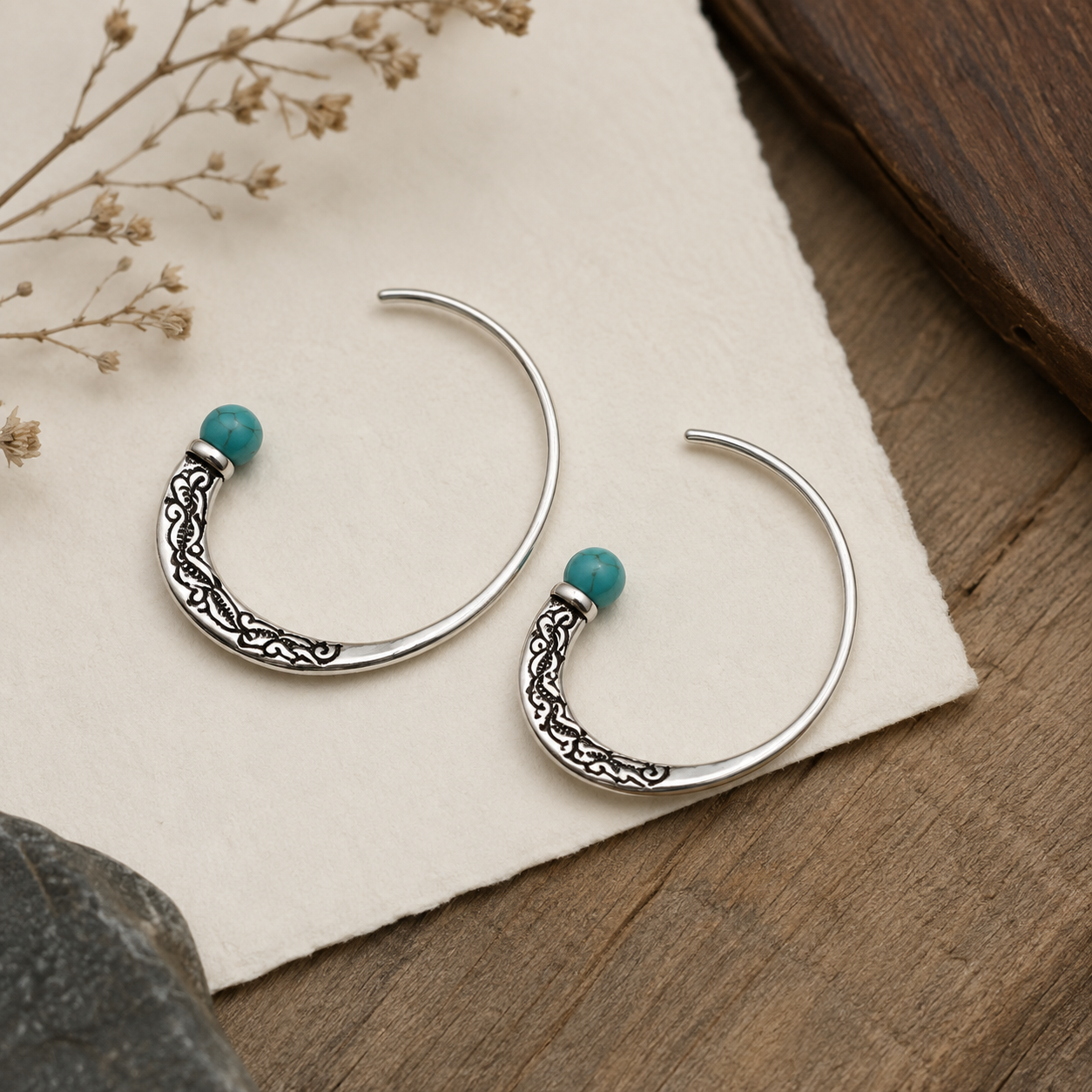 Hand-Carved Turquoise Silver Hoops