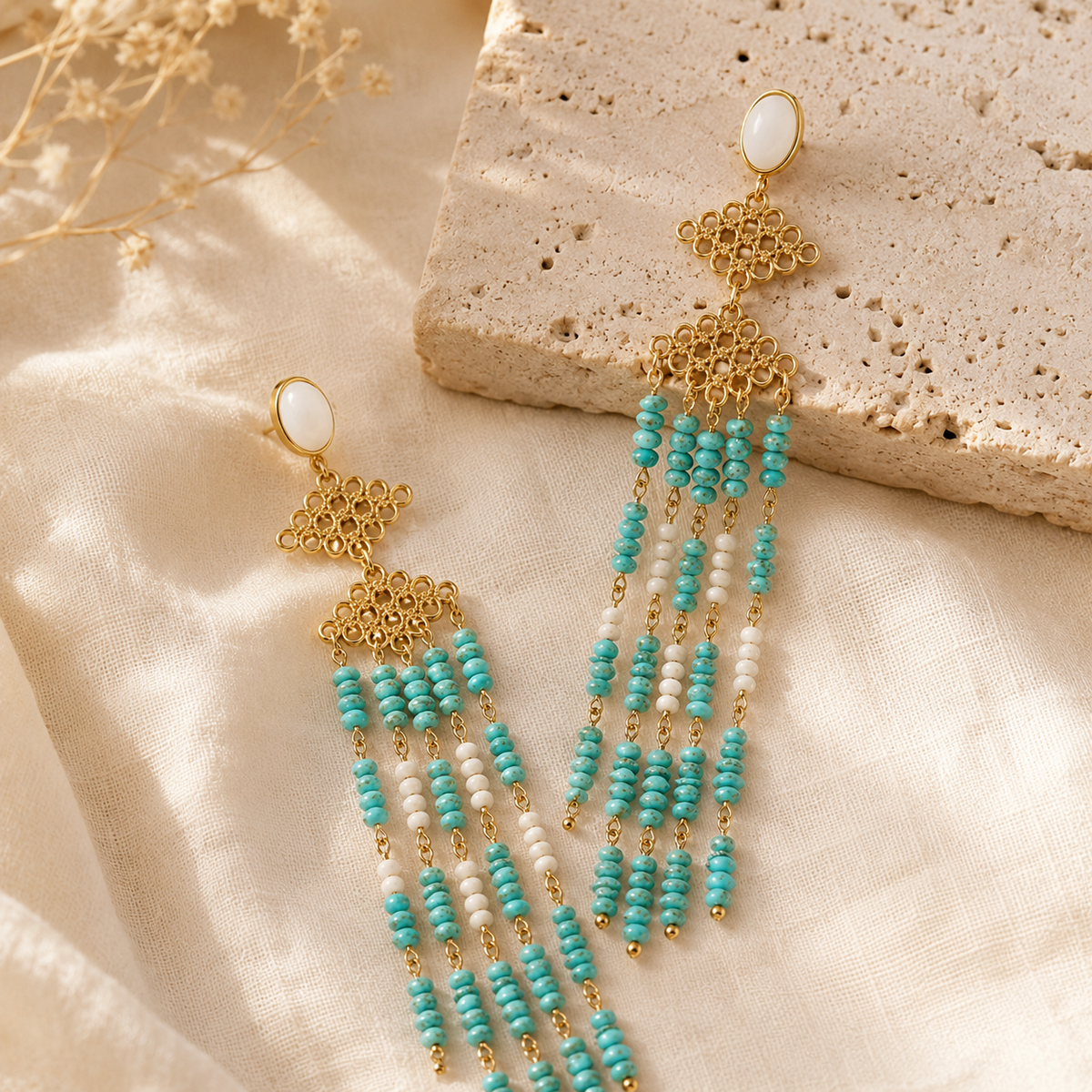 Turquoise Chip Tassel Earrings