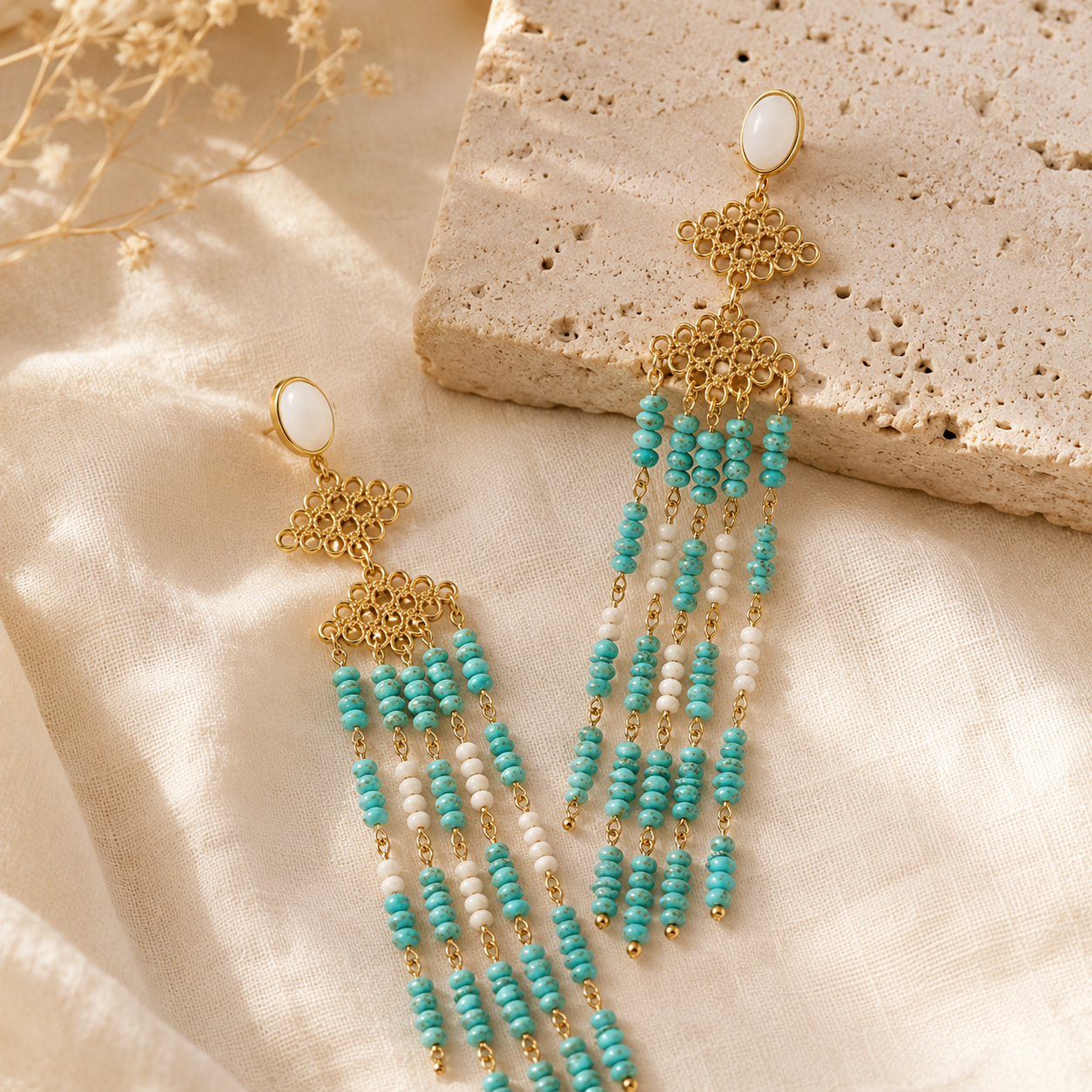 Turquoise Chip Tassel Earrings