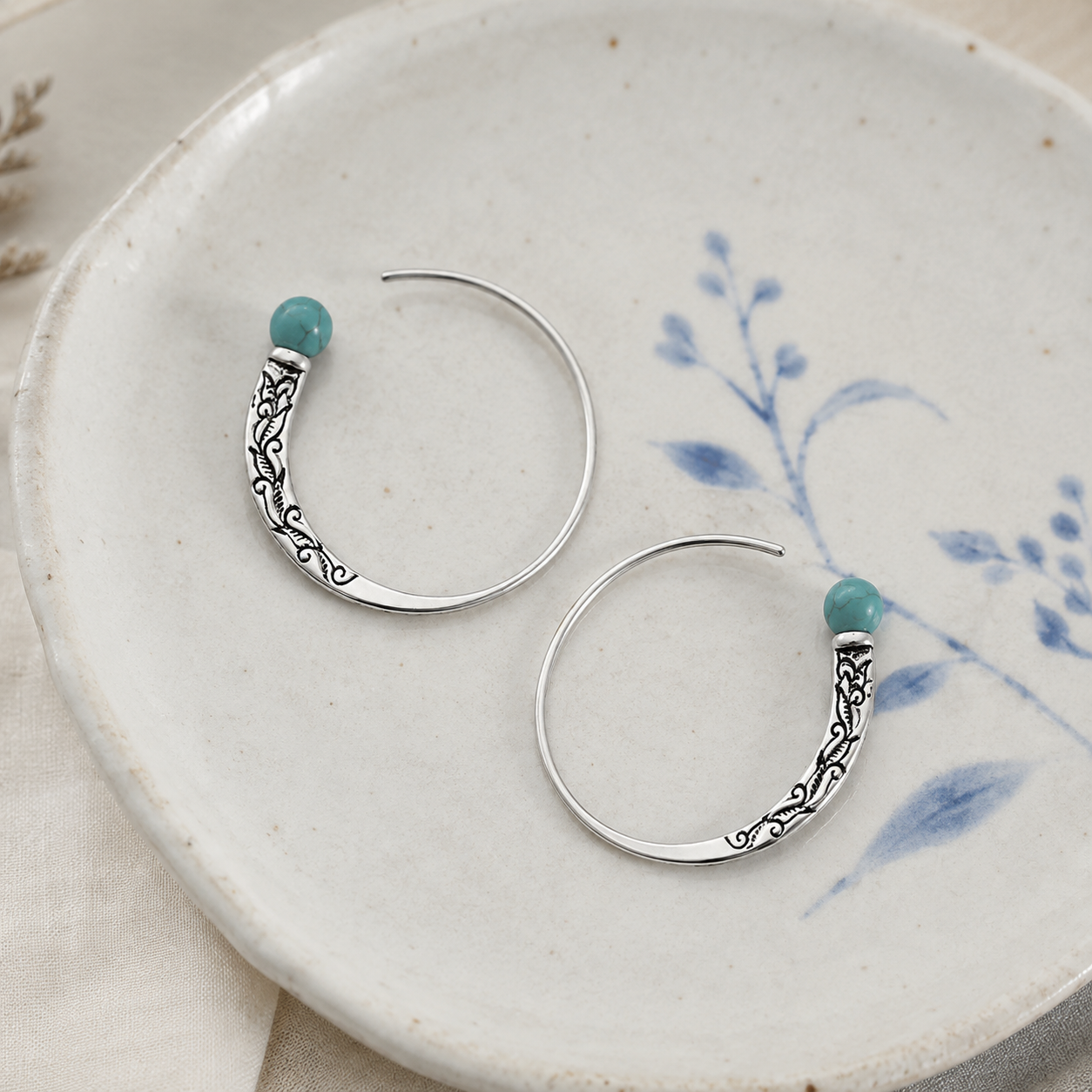 Hand-Carved Turquoise Silver Hoops
