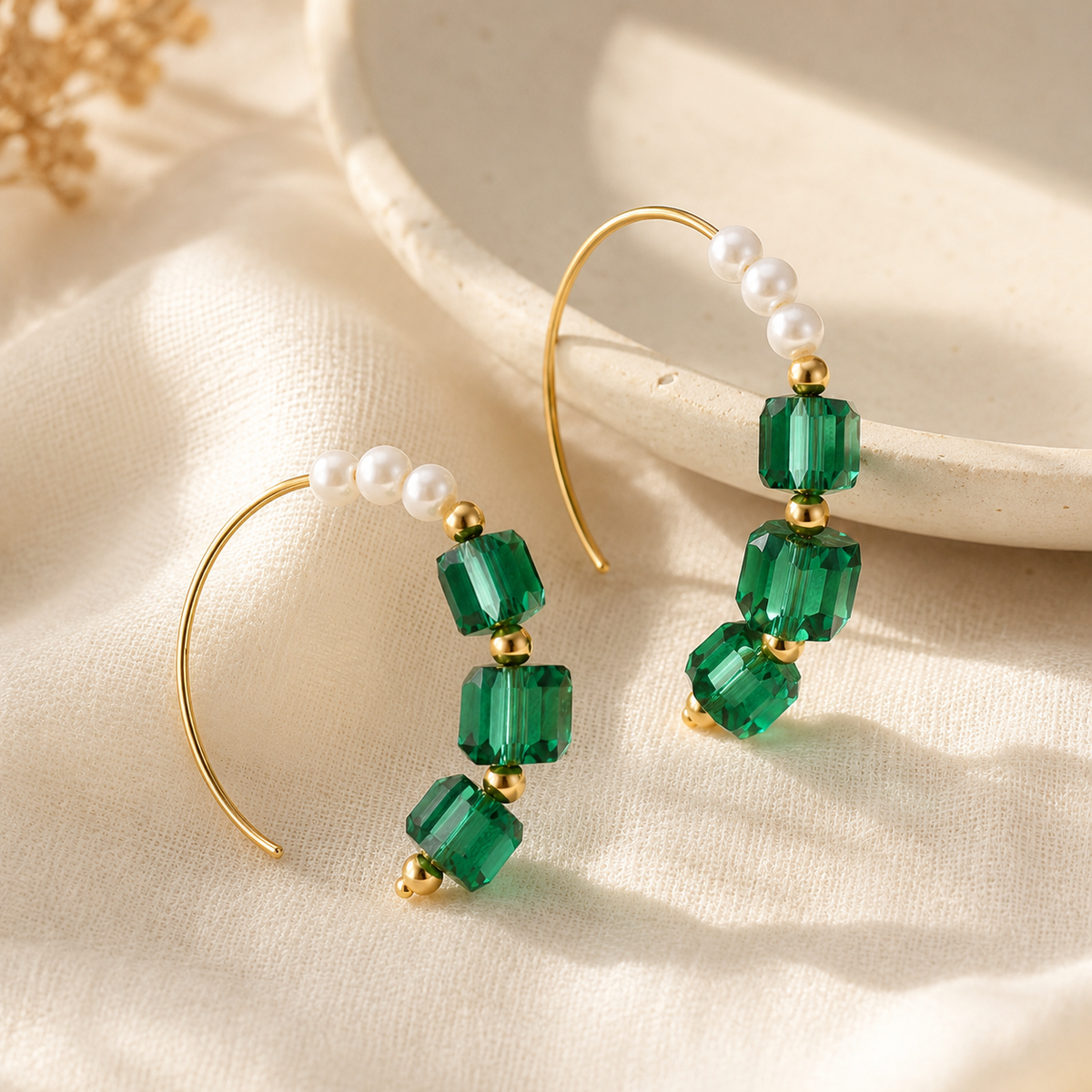Green Sugar‑Cube Sparkling Natural Pearl Earrings