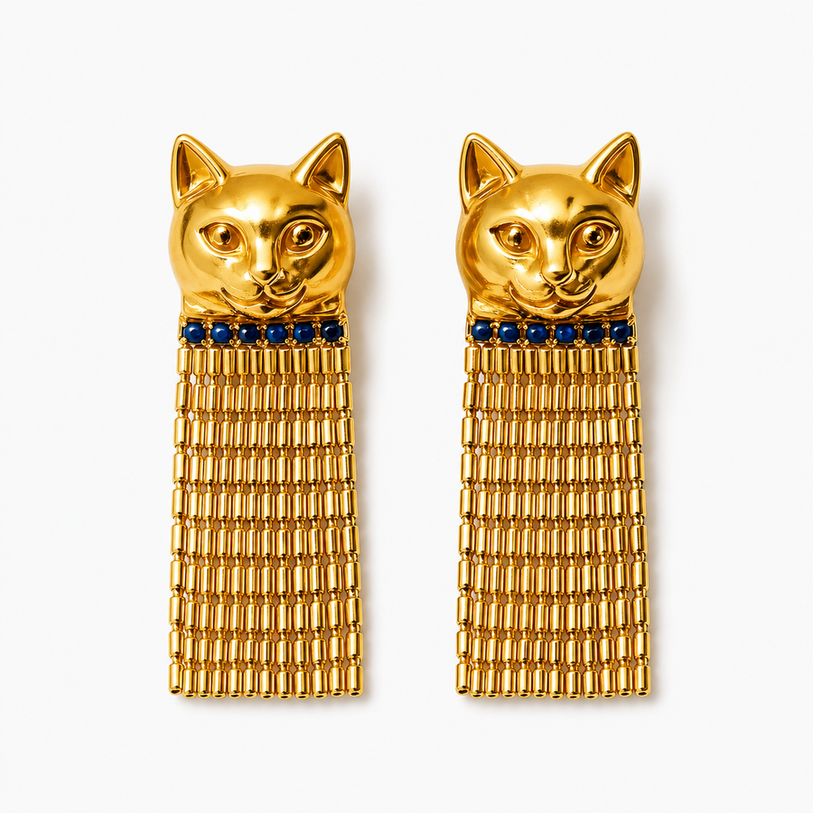 Vintage Egyptian Bastet Cat Tassel Earrings
