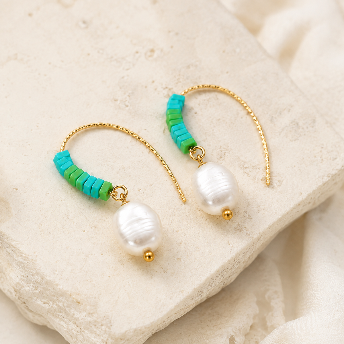 Green Stone Pearl Hoop Earrings