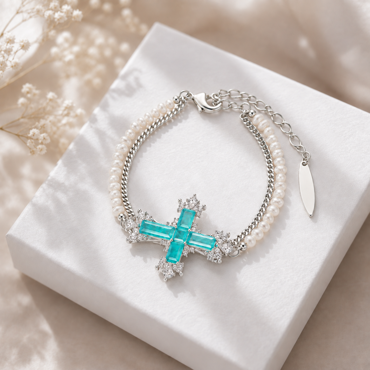 Freshwater Pearl Paraiba Cross Bracelet