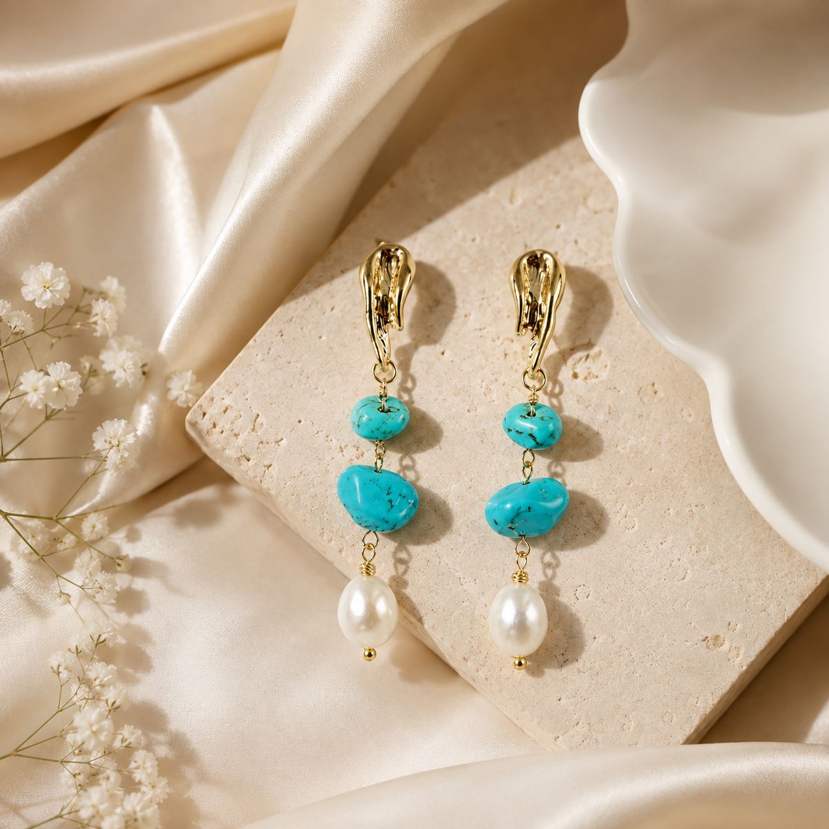 Turquoise & Baroque Pearl Drop Earrings