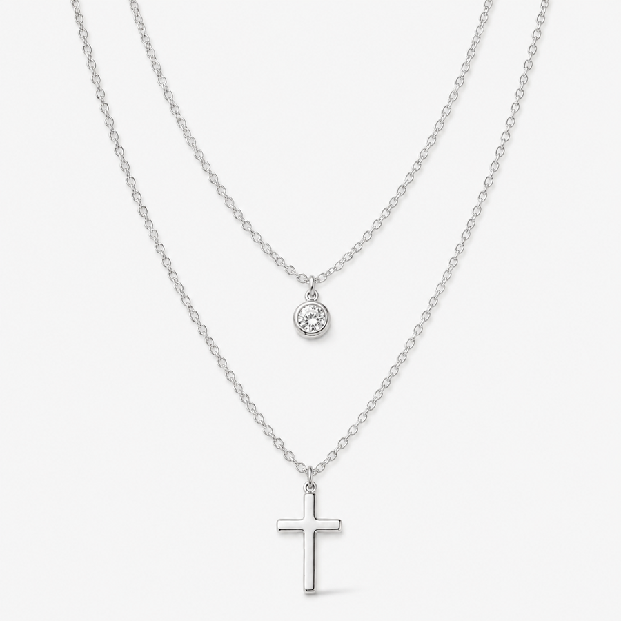 Layered CZ Cross Pendant Necklace
