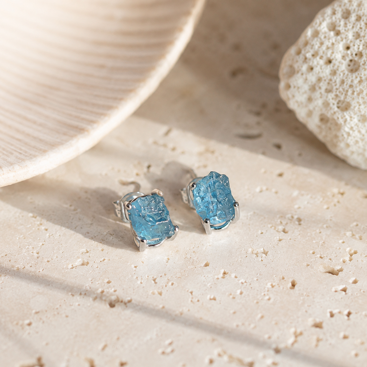 Natural Raw Aquamarine S925 Sterling Silver Stud Earrings