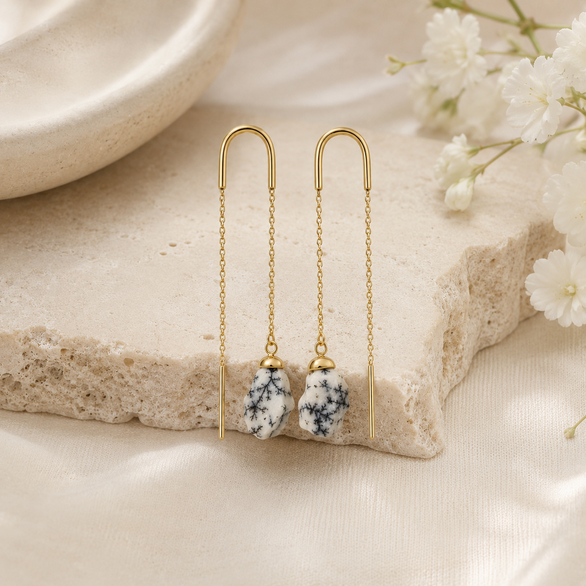 Raw Dendrite Opal Threader Earrings