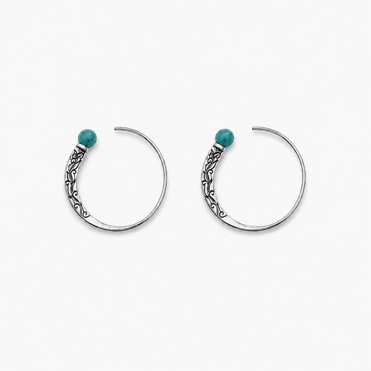 Hand-Carved Turquoise Silver Hoops