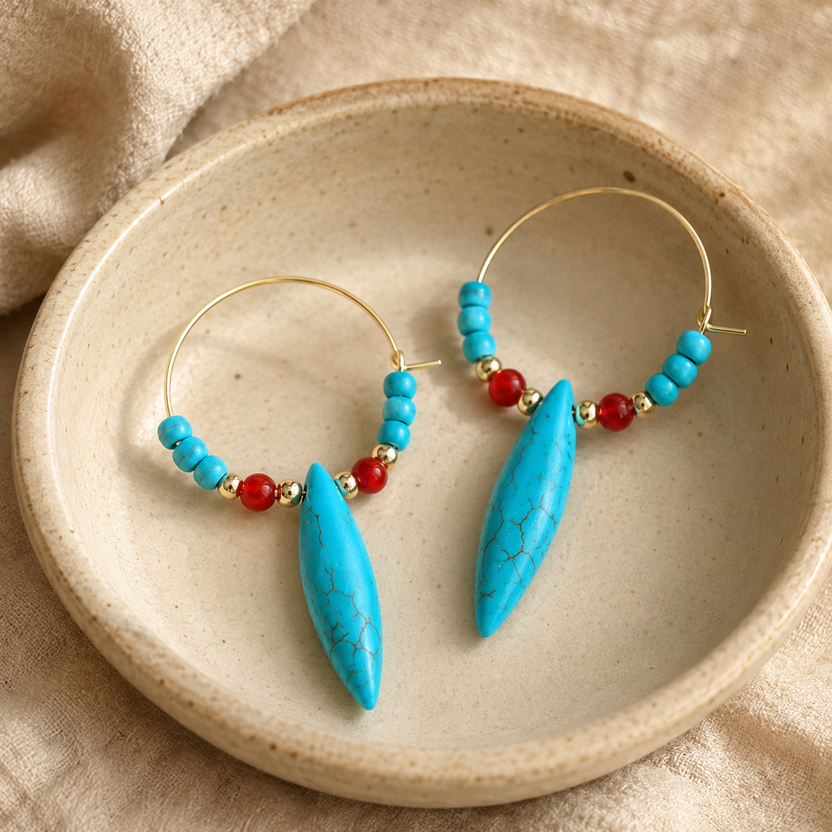 Turquoise  Red Agate Hoop Earrings