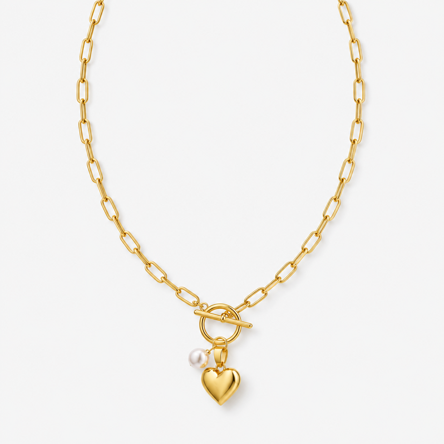 Pearl Heart Paperclip Necklace