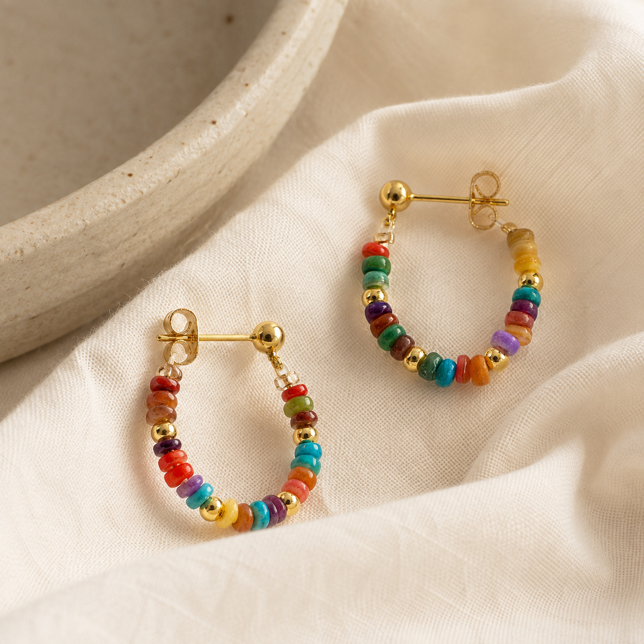 Colorful Beaded Silver Stud Earrings
