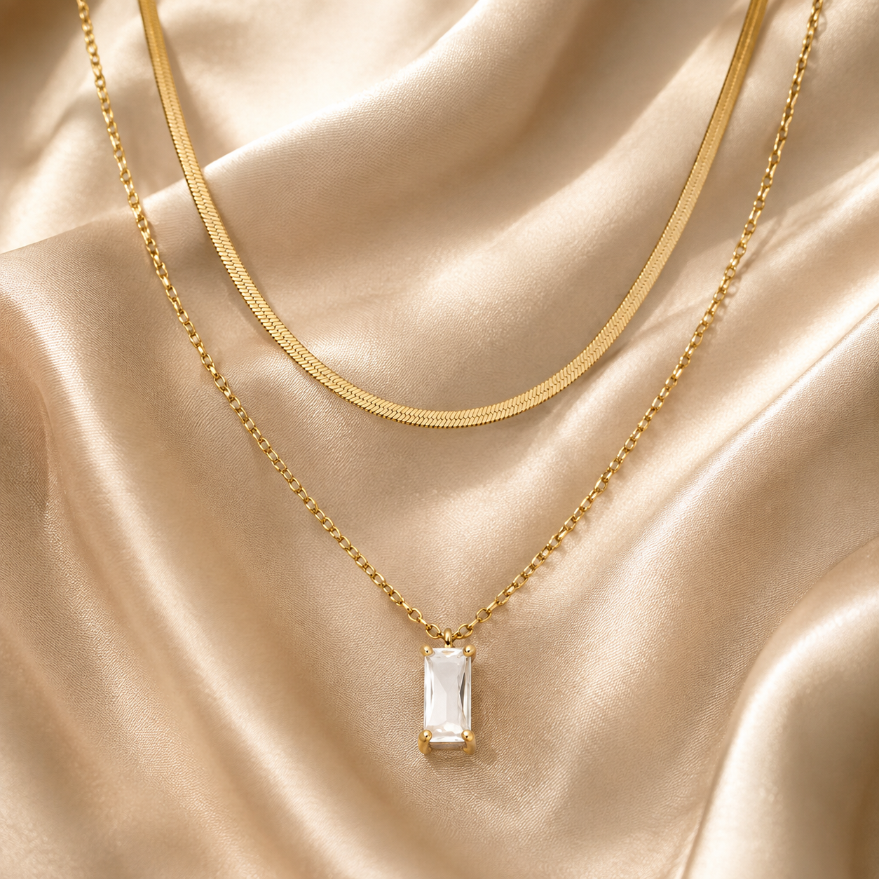 Layered Emerald CZ Pendant Necklace