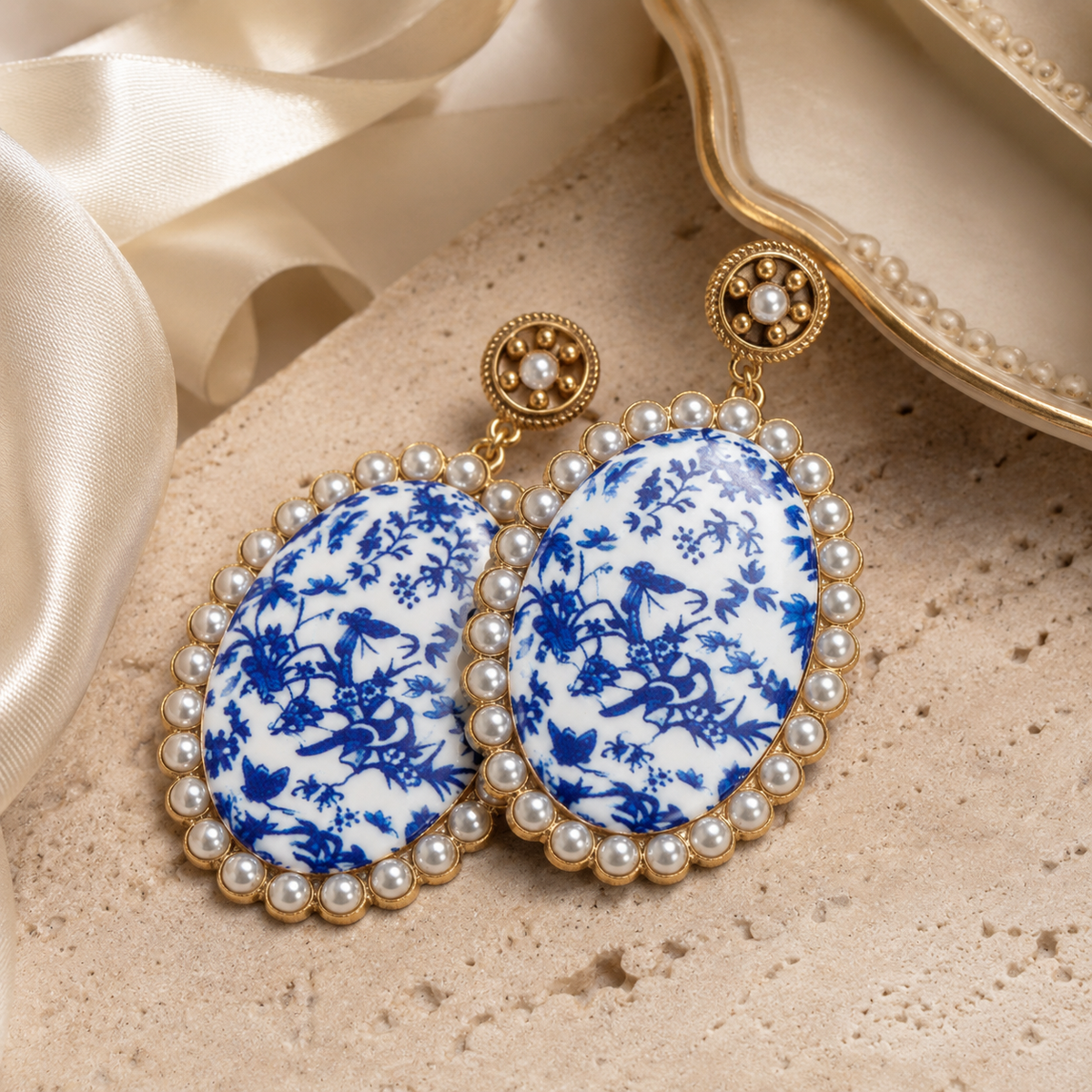 Vintage Blue White Porcelain Pearl Stud Earrings