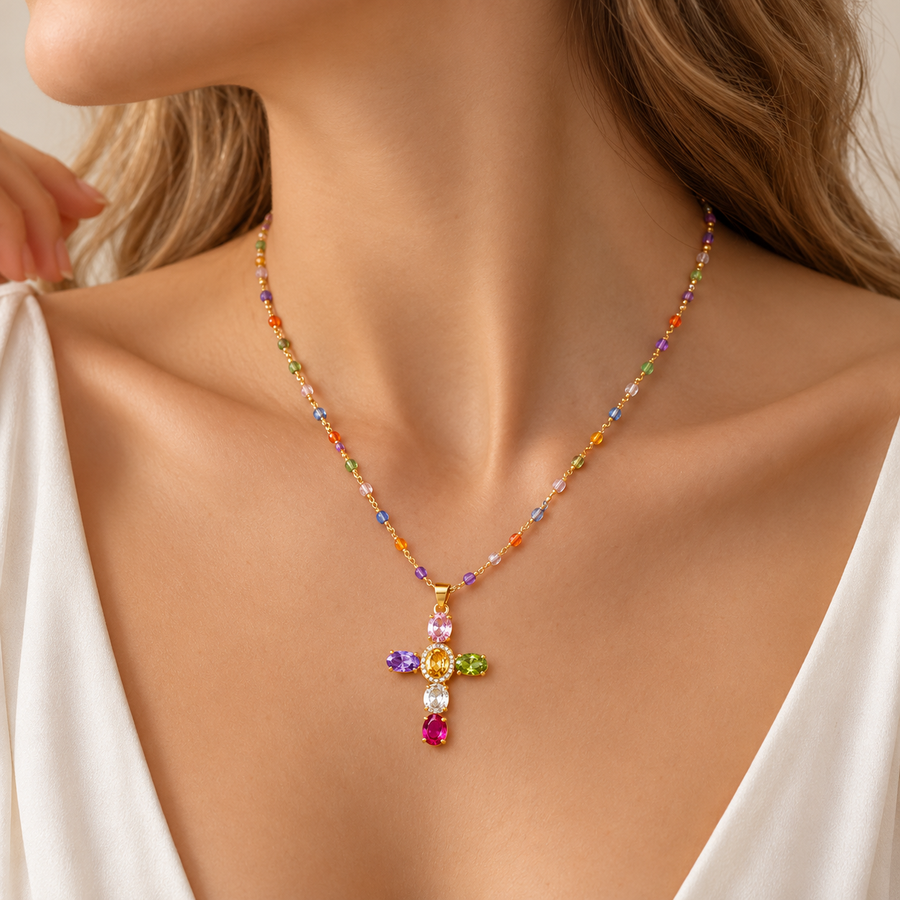 Multicolor Cubic Zirconia Cross Pendant Necklace