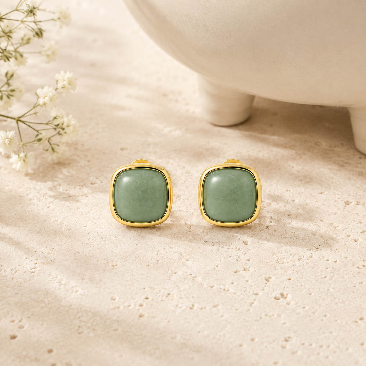 Green Jade Square Stud Earrings