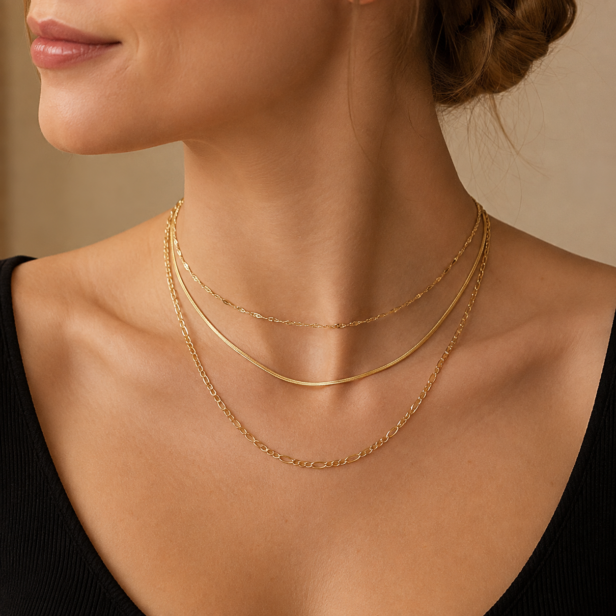 Multi-Layered Wave & Snake & Figaro Chain Necklace